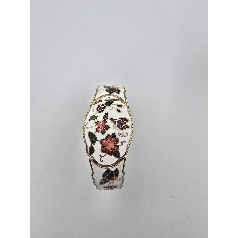 Vintage Cloisonne White Enamel Gold Tone Floral Butterfly Hinge Bangle Bracelet - Picture 9 of 10